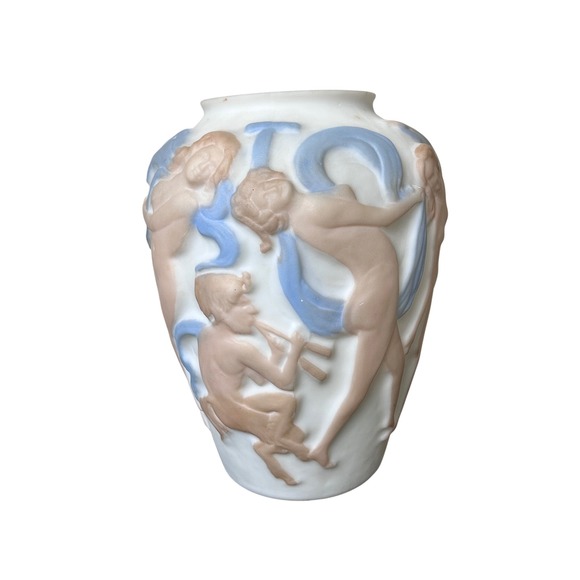 Unmarked German Porcelain Art Vase Nude Nymph Cherub Relief Matte Bisque Vintage